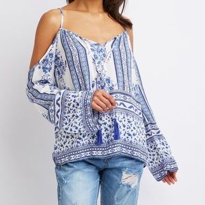 New White Blue Porcelain Print Cold Shoulder Top M